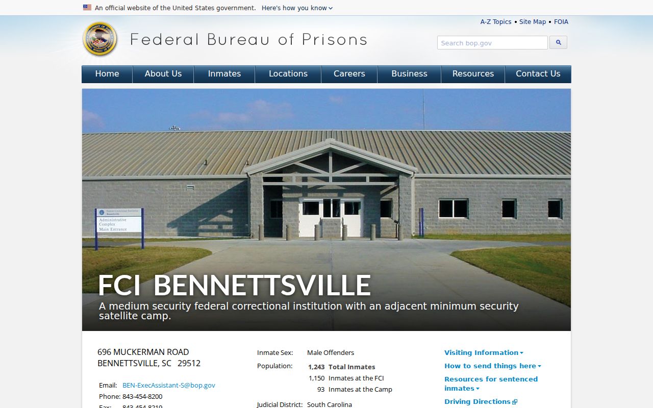 FCI Bennettsville federal institution separate from city criminal records