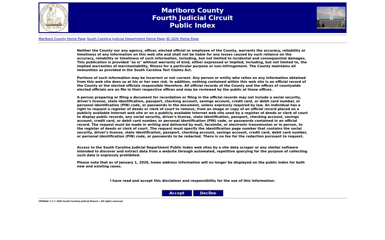 Marlboro County criminal court case Public Index search