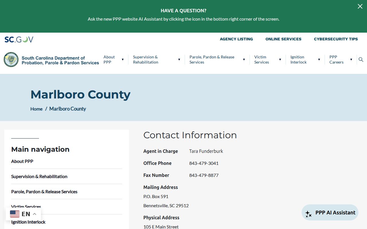 Marlboro County criminal supervision records at the DPPPS office