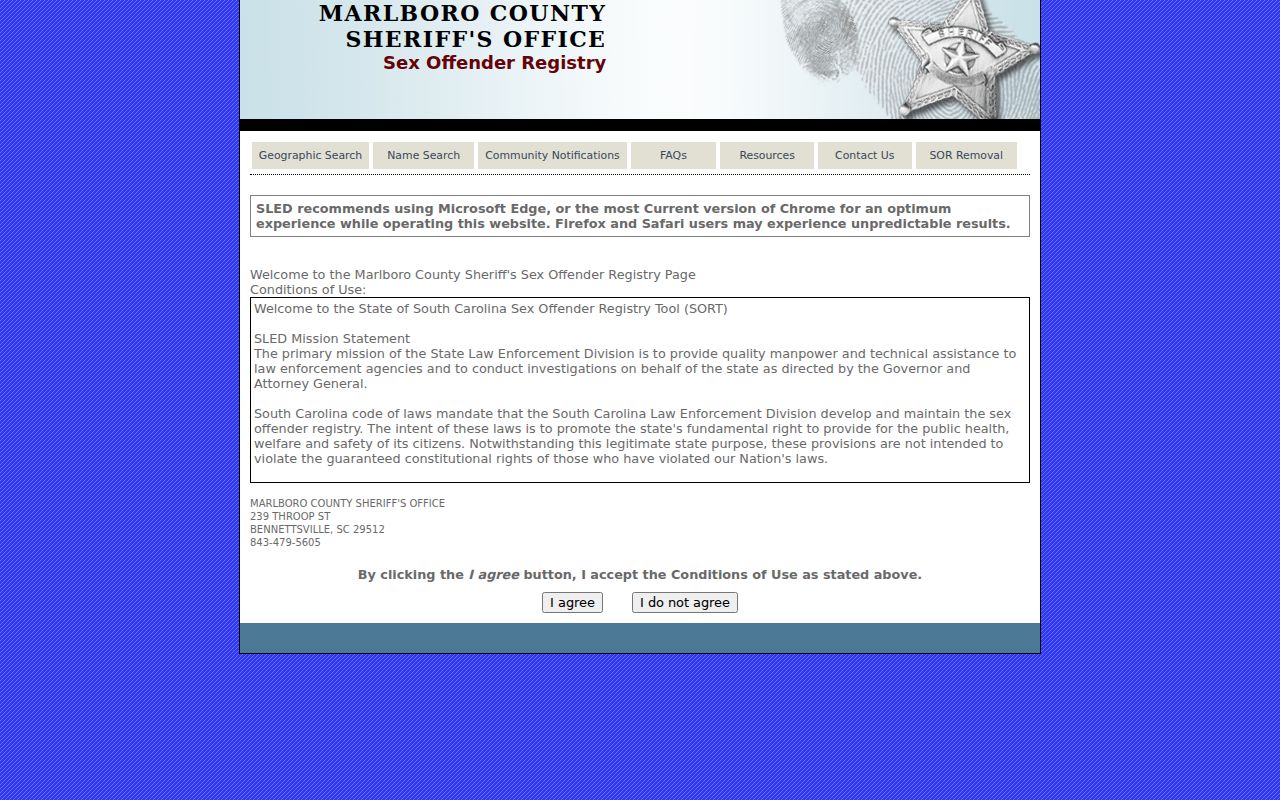 Marlboro County sex offender registry conditions of use